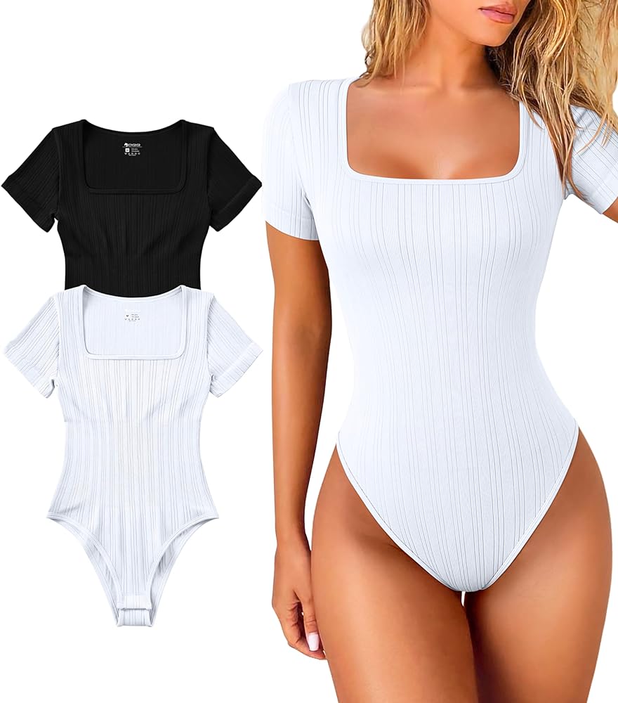 OQQ Women 2 Piece Bodysuits Short Sleeve Square Strech Basic Shirts Bodysuits