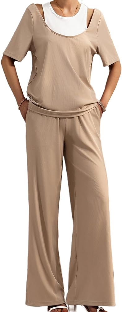 Women' 2 Piece Outfits Casual Short Sleeve Shirts and Wide Leg Pants Lounge Sets with Pockets