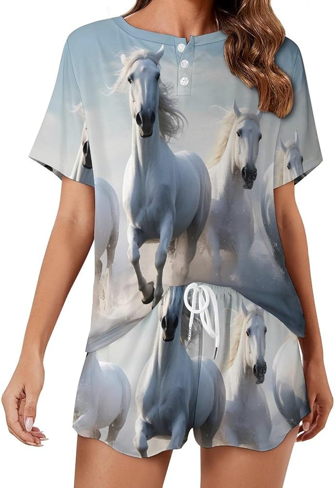 White Running Horse Print Women's Pajama Set Short Sleeve And Shorts Sleepwear 2 Piece Casual Sweatsuits Loungewear Sets