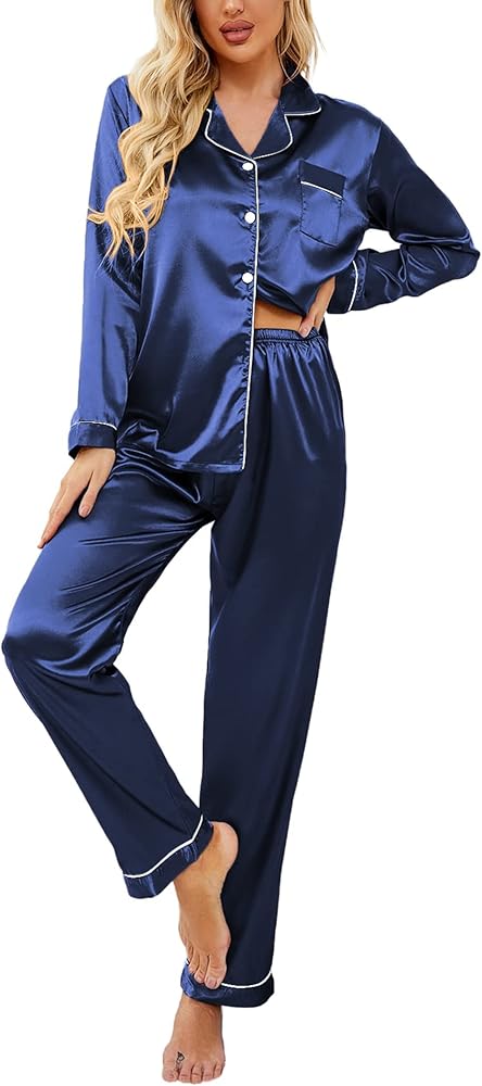 Women's Satin Pajama Set Classic Button Down Loungewear Long Sleeve Sleepwear Premium Silk Pjs Set