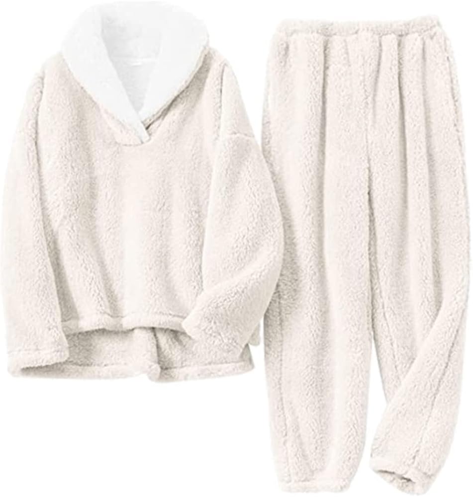 Peaceglad Women' s Fluffy Pajamas Set Fleece Pullover Pants Loose Plush Winter Chrismas Sleepwear