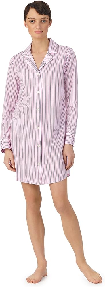 Lauren Ralph Lauren Organic Cotton Long Sleeve Notch Collar Sleepshirt Pink Stripe LG (US 12-14)