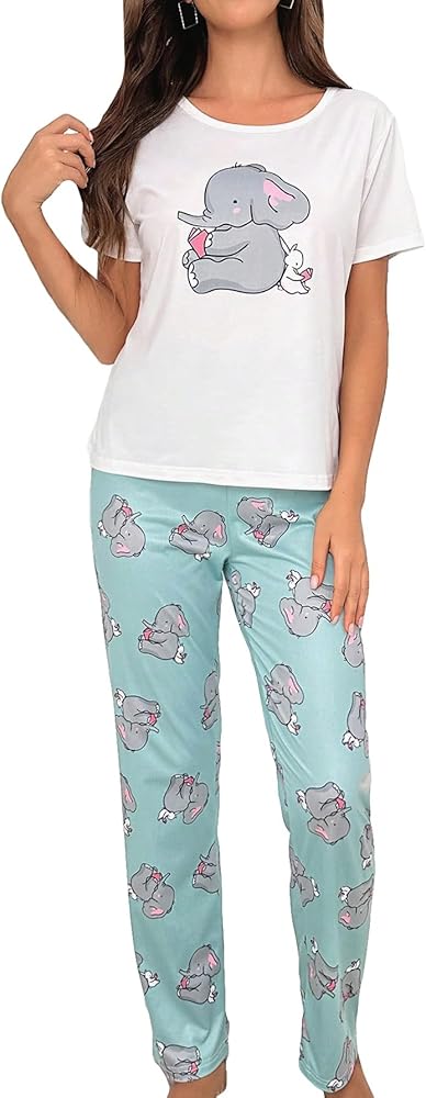 SOLY HUX Women's Pajama Set Cartoon Graphic Short Sleeve Tee Tops and Pants Loungewear Sleepwear