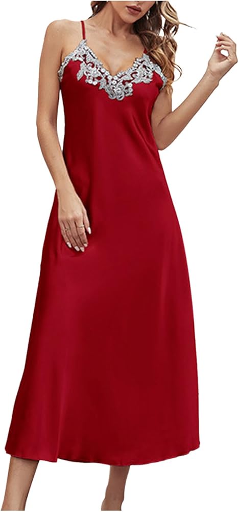 Women's V-Neck Nightgowns Sexy Lace Silk Long Nightdress Lounge Sleeveless Sleep Dress Women Solid Loose Sleepwear