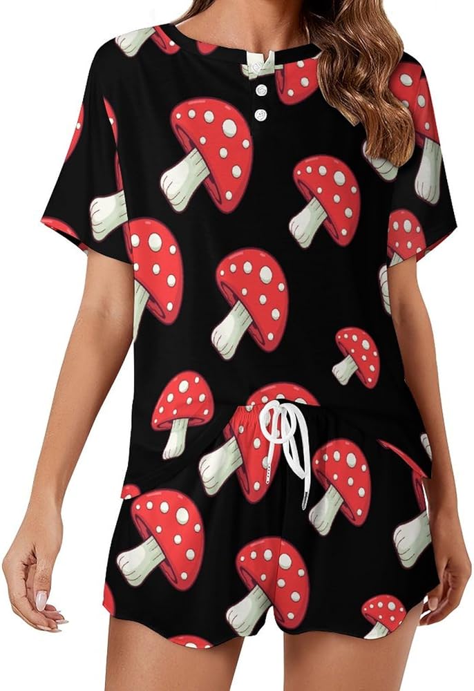 Red Mushroom Women’s Pajama Sets Short Sleeve Shirt And Shorts 2 Pieces Loungewear Sleepwear PJ