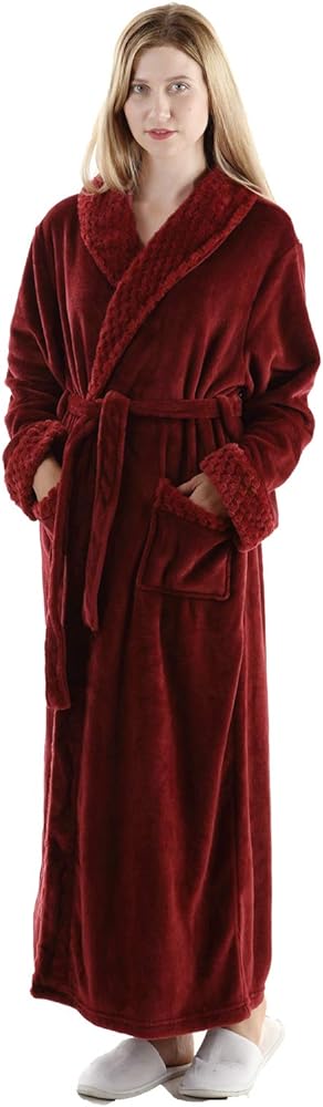 Oksun Womens Plush Fleece Long Robe: Flannel Warm Bathrobe - Full Length Winter Housecoat - Soft Cozy Nightgown Sleepwear