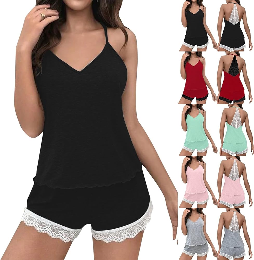 Pajama Sets For Women 2 Piece V Neck Cami Lingerie Sleepwear Lace Trim Pj Shorts Set Soft Breathable Nightwear