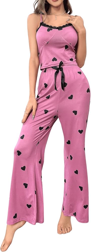 Floerns Women's 2 Piece Sleepwear Heart Print Lace Trim Cami Top and Pants Pajama Set