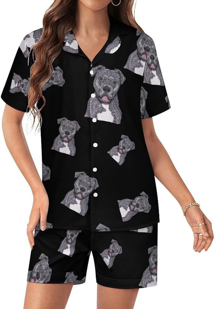 Junior Ethnic Bulldog Womens Silk Satin Pajamas Set Short Sleeve Button-Down Sleepwear Loungewear Pj Set