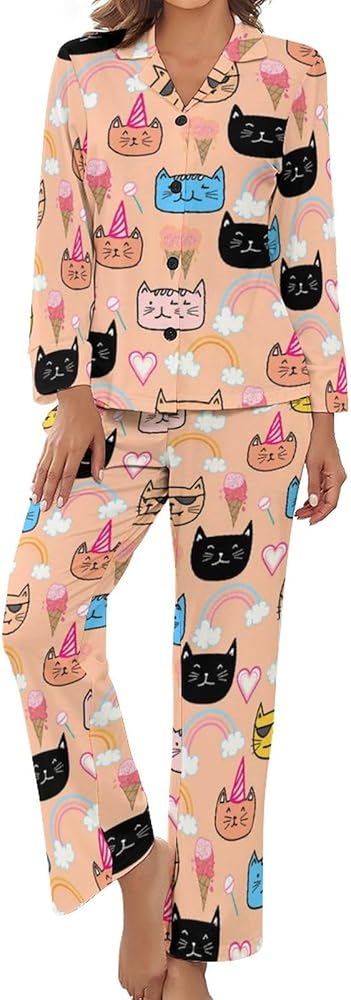 Happy Cat Pattern Print Pajamas Set for Women Soft Long Sleeve Button Down Shirt And Pants Sleepwear S-XL