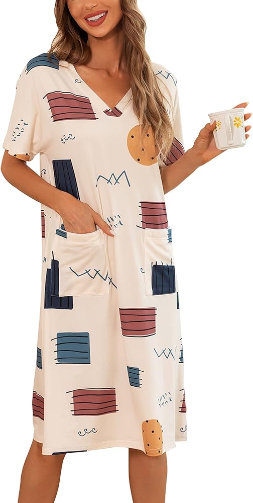 YYA Loose Nightgowns for Women Short Sleeve Sleepwear V Neck Nightshirt with Pockets Soft Pajama Dress S-3XL