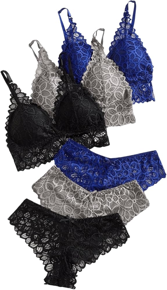 Verdusa Women's 6 Piece Bow Floral Lace Lingerie Wireless Padded Bra and Panty Set