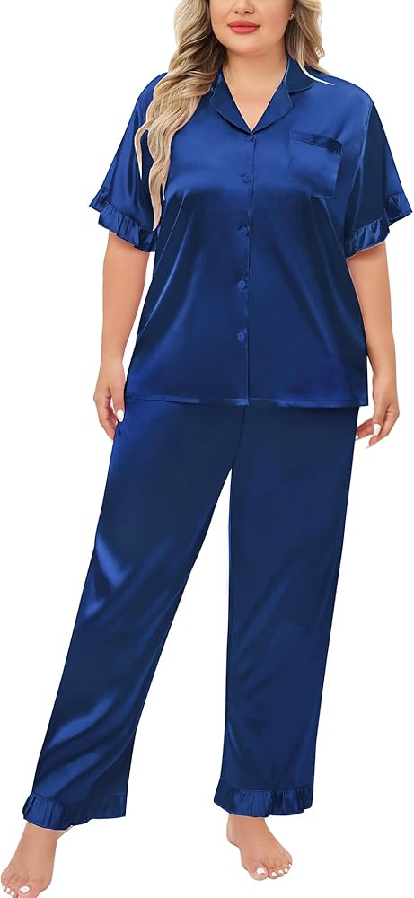 SWOMOG Plus Size Pajamas for Women Satin Silk Short Sleeve Ruffle Hem PJs Button Down Sleepwear with Long Pants 2Pcs PJ Sets