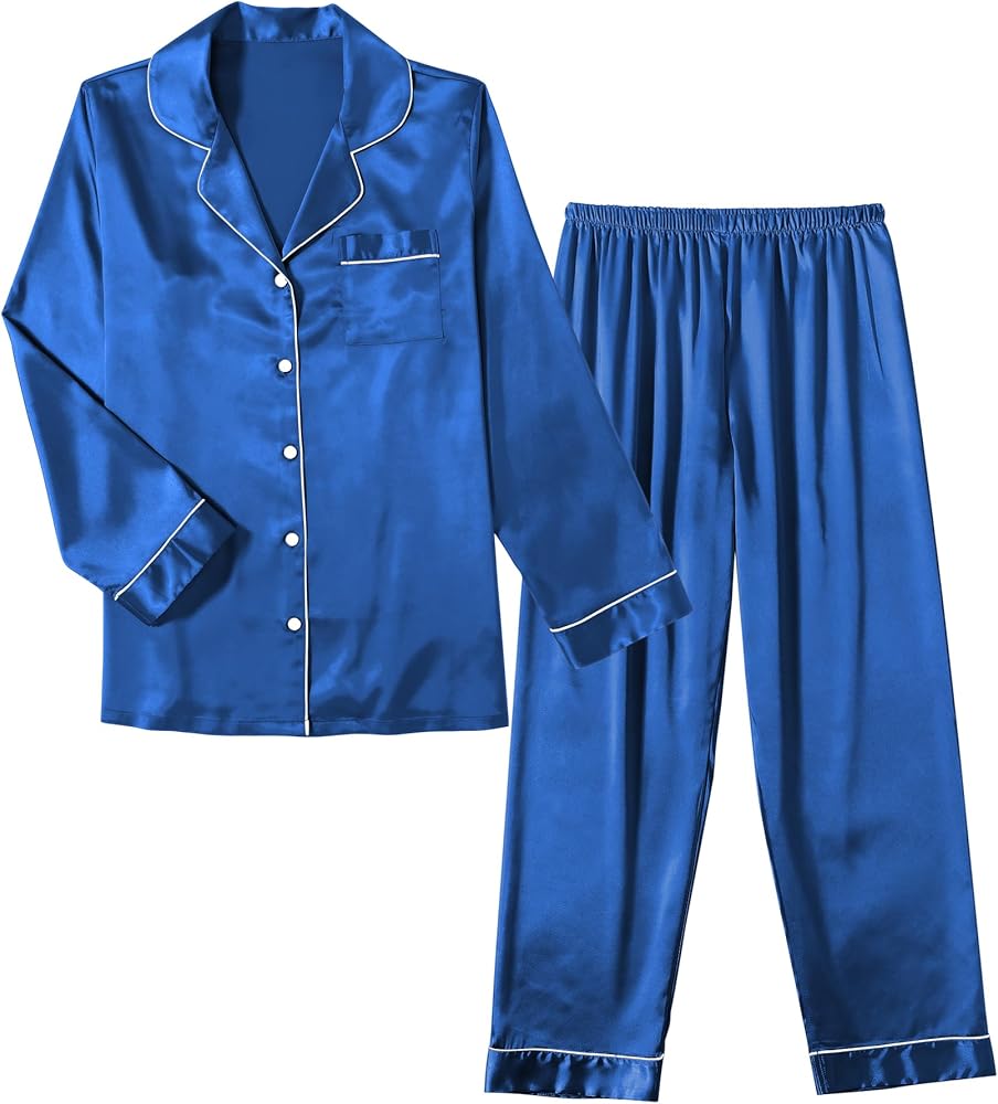 Ekouaer Women Satin Pajamas Set Classic Button Down Long Pjs Set