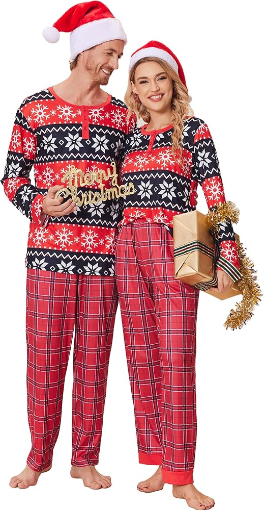 Ekouaer Couples Matching Chritsmas Pajamas Long Sleeve PJ Set Women and Men Holiday Sleepwear Cotton Jammies Print Tops and Pants