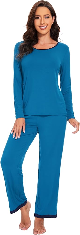 WiWi Women's Viscose from Bamboo Pajama Sets Soft Long Sleeves Top with Pants Loose 2 Pieces Loungewear Set S-XXL