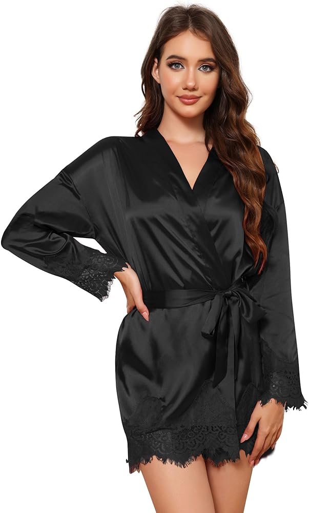 GAESHOW Silk Robes for Women, Bridesmaid Bride Party Lace-Trim Satin Robes Bath Robes Female Sleepwear