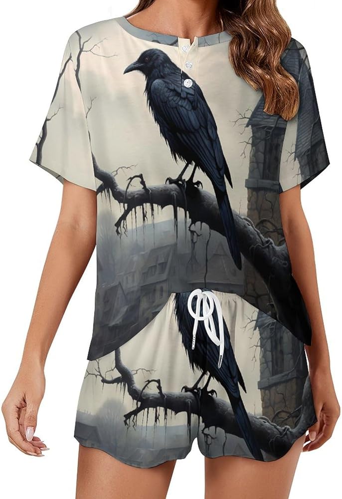 Old Castle And Black Crow Women’s Pajama Sets Short Sleeve Shirt And Shorts 2 Pieces Loungewear Sleepwear PJ