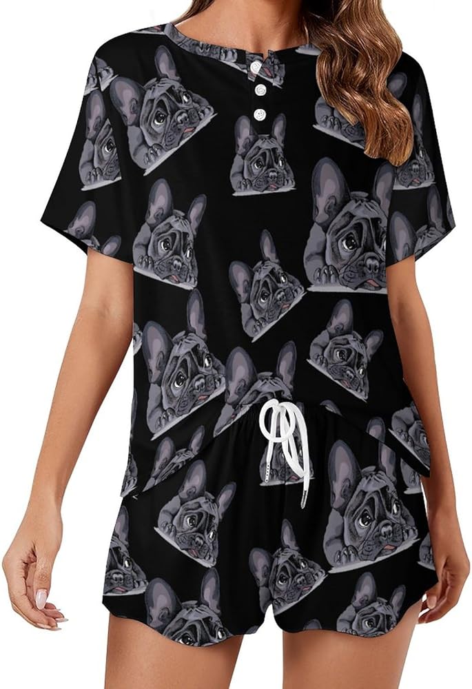 Funny French Bulldog Portrait Classic Women's Pajamas Loungewear Set Loose Short Sleeve Sleepwear With Pockets