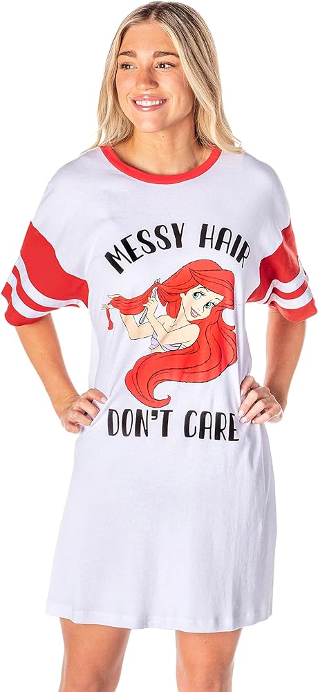 Disney Womens' The Little Mermaid Ariel Messy Hair Don't Care Nightgown Pajama Shirt Dress