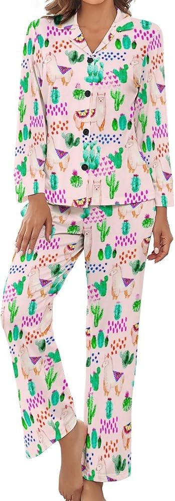 Cute Llama Cactus Pattern Print Pajamas Set for Women Soft Long Sleeve Button Down Shirt And Pants Sleepwear S-XL