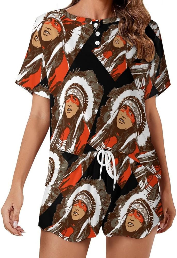 Native Americans And Colours Women's 2 Piece Pajamas Short Sleeve Shorts Sleepwear Set Causal Loungewear Home Suit 4XL