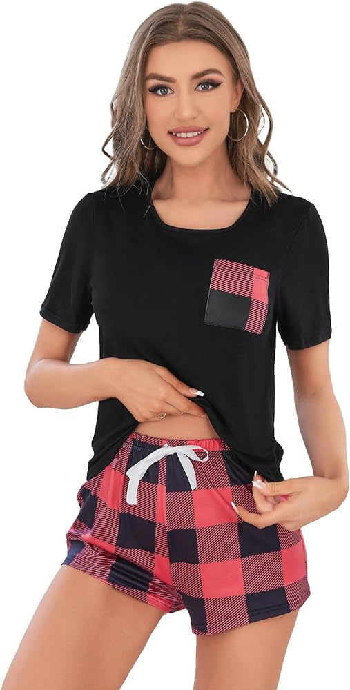 SOLY HUX Women's Short Sleeve Tee Top and Plaid Shorts Lounge Pajama Set Sleepwear