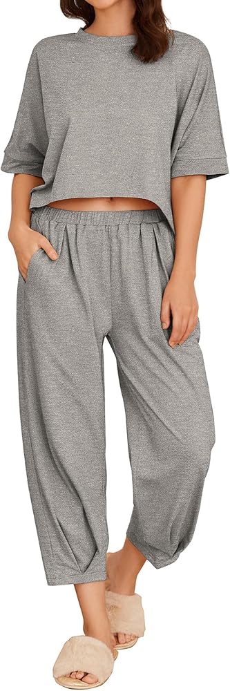 Ekouaer Women 2 Piece Pajama Set Short Sleeve Cotton Loungewear Crewneck Tops and Lounge Pants Soft Sleepwear With Pockets