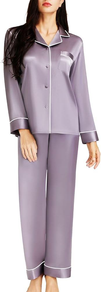 Lonxu Silk Satin Womens Pajama Sets Button Down Sleepwear Loungewear XS~3XL