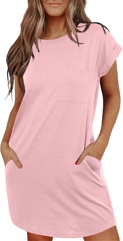 Ekouaer Tshirt Nightgowns for Women Slub-knit Sleepshirt Soft Night Gown Casual Sleepwear Night Shirt with Pockets S-2XL