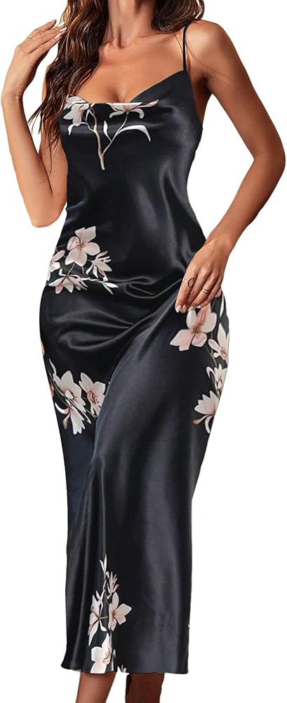 MakeMeChic Women's Satin Nightgown Floral Long Slip Dress Cami Backless Silk Sleepwear