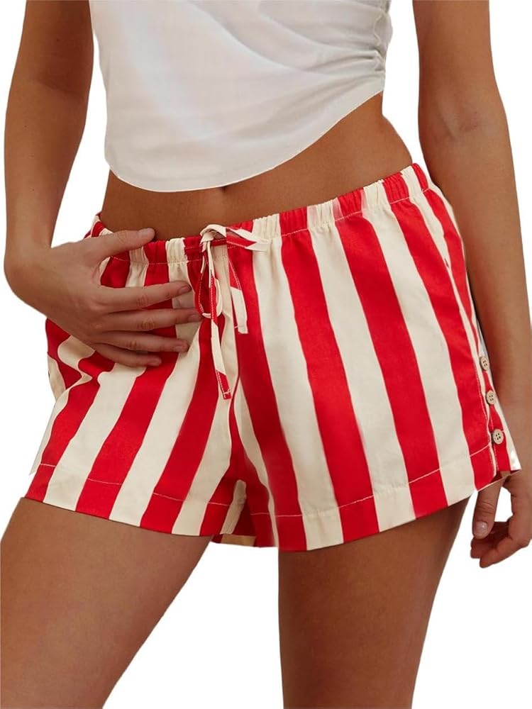 Women Striped Boxer Shorts Casual Wide Leg Drawstring Low Rise Elastic Waist Pajama Lounge Pj Sleepwear