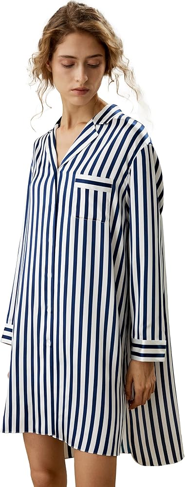 LilySilk Silk Nightshirt for Women 3/4 Sleeve Shawl 19 MM Silk Pinstripes Sleepshirt Button-up Side Pocket Sleepwear