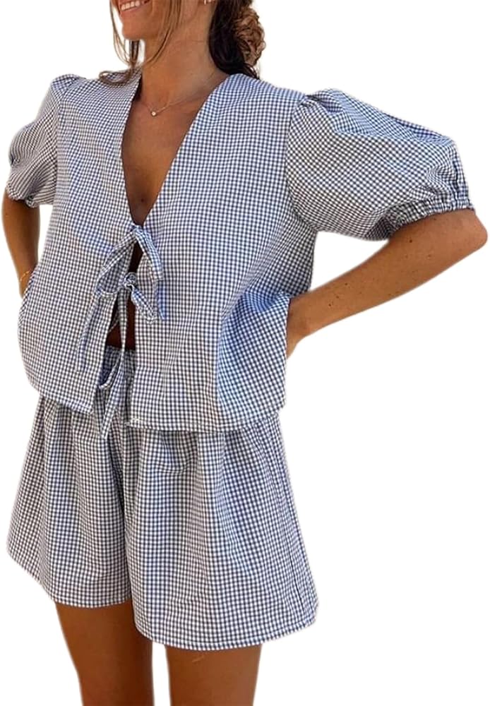 Women Y2k Plaid 2 Piece Pajamas Set Tie Front Gingham Lounge Set Puff Sleeve Peplum Babydoll Shirt Sleepwear