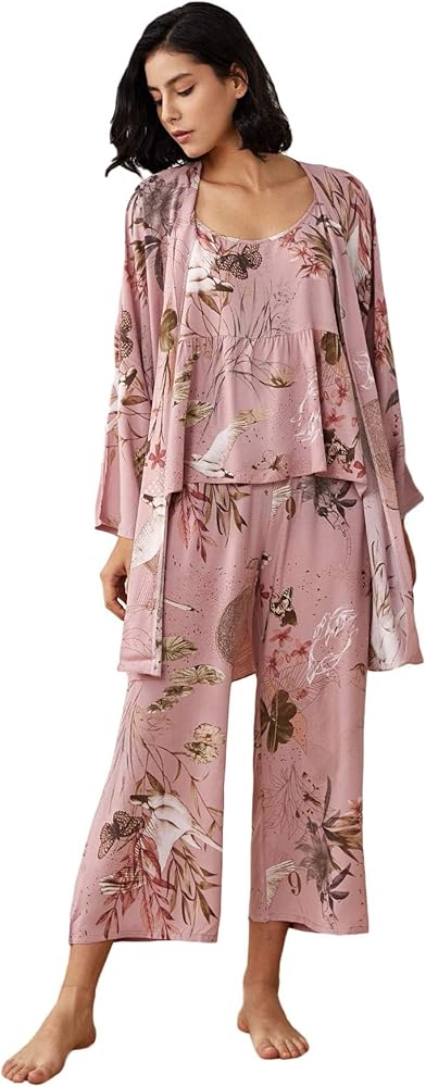 WDIRARA Women's 3 pcs Sleepwear Leaf Print Cami and Pants Pajama Set with Robe Dusty Pink XL