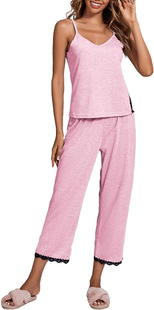 LYANER Women's Pajamas Set V Neck Sleeveless Cami Top with Pants PJ Set Sleepwear