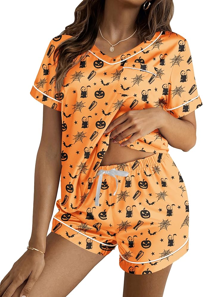 Ekouaer Silk Pajama for Women Short Sleeve Satin Pj Set Two Piece Soft Sleepwear Loungewear Casual Pjs for Summer Orange Ghost XL