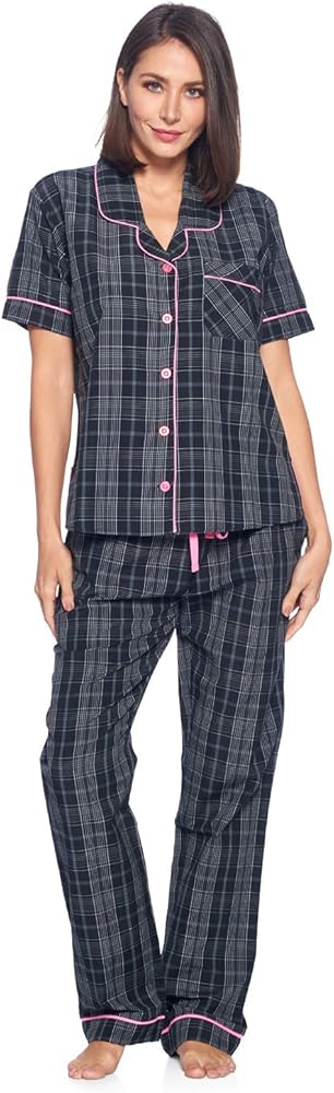 Ashford & Brooks Women's Woven Pajama Set Plaid Two-piece Pj Sets Sleepwear Loungewear Button-Down Pj Sets