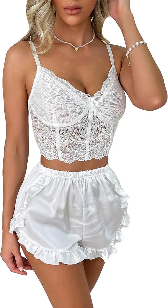 WDIRARA Women's Sleepwear V Neck Lace Mesh Cami Top and Ruffle Hem Shorts Pajama Sets