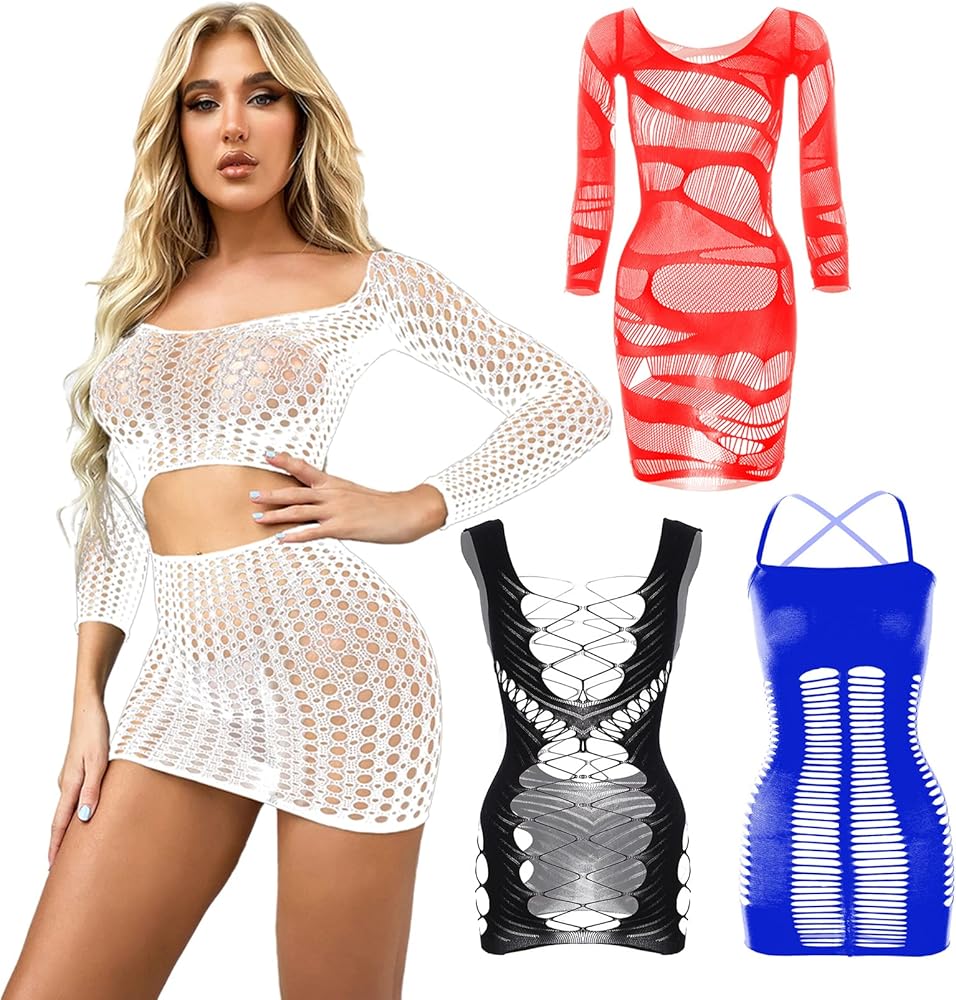 RechicGu 4pcs Women Fishnet Dress Lingerie Set Chemise Camisole Lace Babydoll Nightwear Mesh Hollow Out Bikini Cover Up