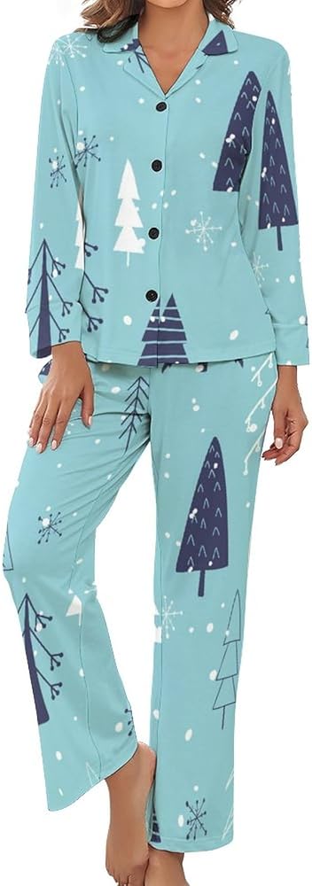 Womens Pajamas Long-Sleeve Shirt And Full-Length Bottom Pajama Set 2-Piece Loungewear Sleepwear