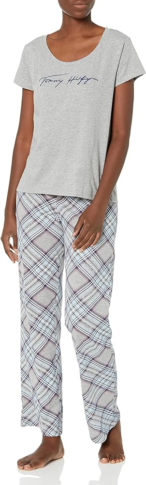 Tommy Hilfiger Women's Short Sleeve Logo Tee Top & Bottom Pant Pajamas Set Pj