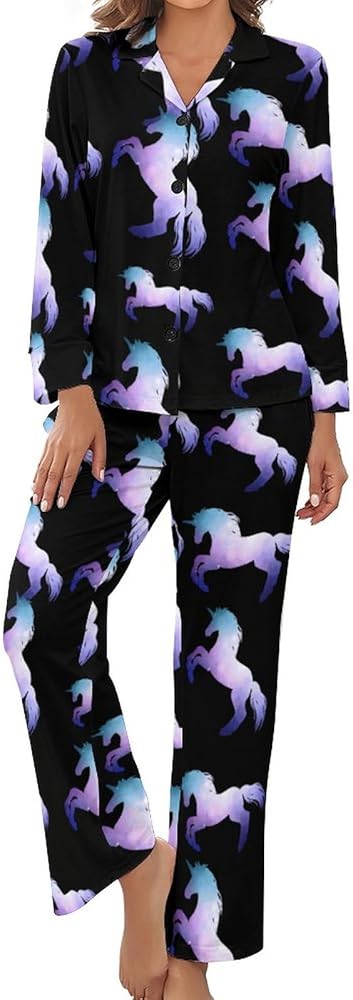 Galaxy Unicorn Print Pajamas Set for Women Soft Long Sleeve Button Down Shirt And Pants Sleepwear S-XL