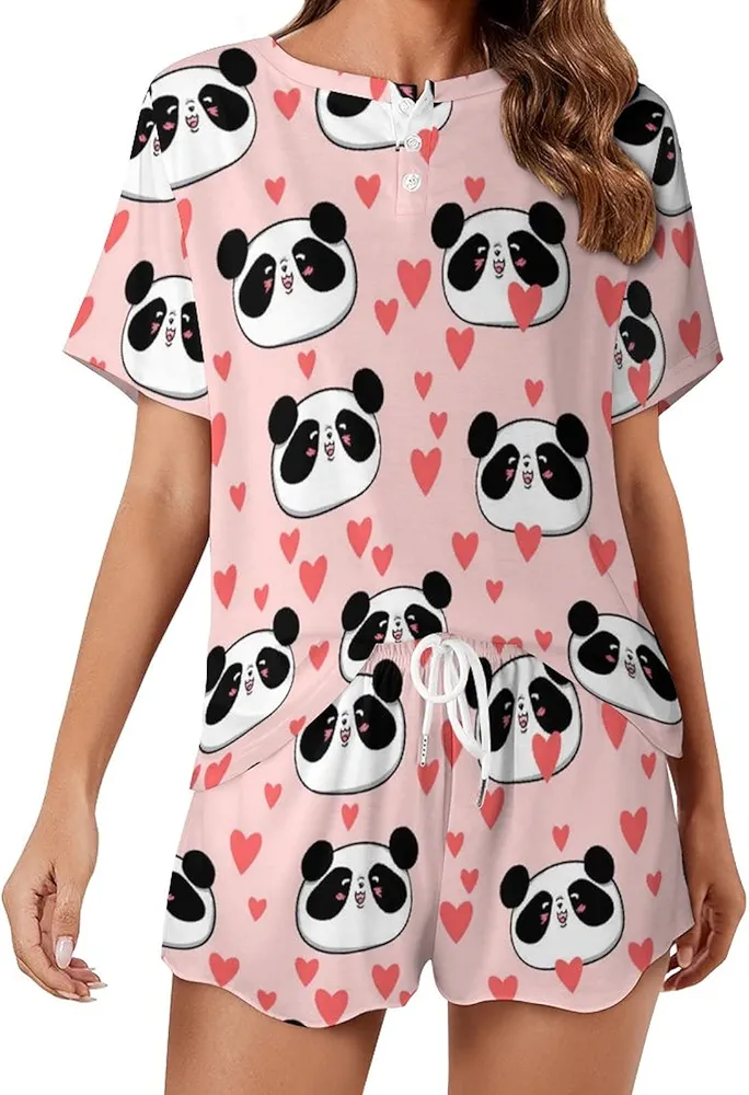 Panda Heart Women’s Pajama Sets Short Sleeve Shirt and Shorts 2 Pieces Loungewear Sleepwear PJ M