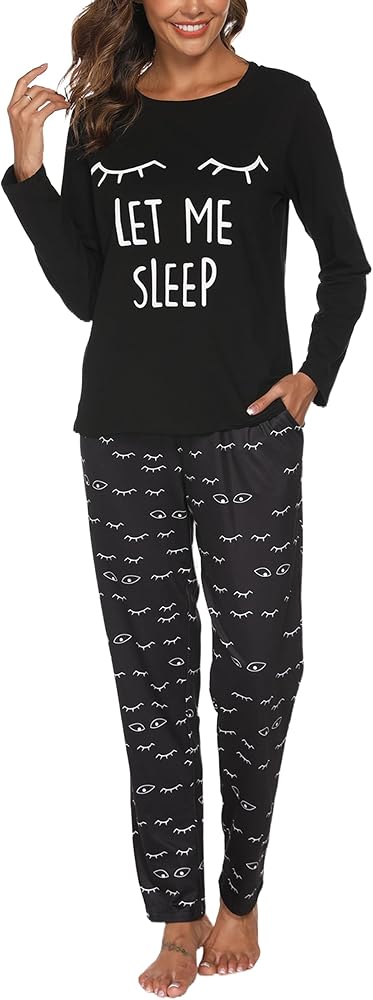 Cotton Pajamas for Women Set 2 Piece Print Cotton Pajama Sets Long Sleeve & Pants Pj Sets Sleepwear with Pockets