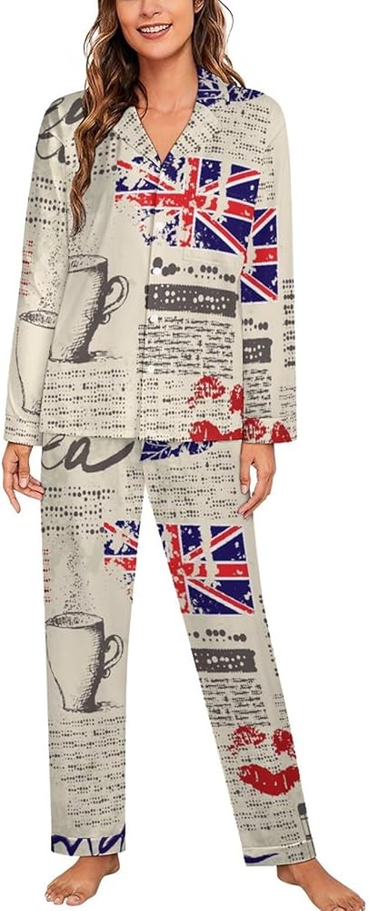 UK Old London Newspaper Print Women's Soft Pajama Sets Long Sleeve Button Shirt And Pant Sleepwear Lounge Sets Nightwear