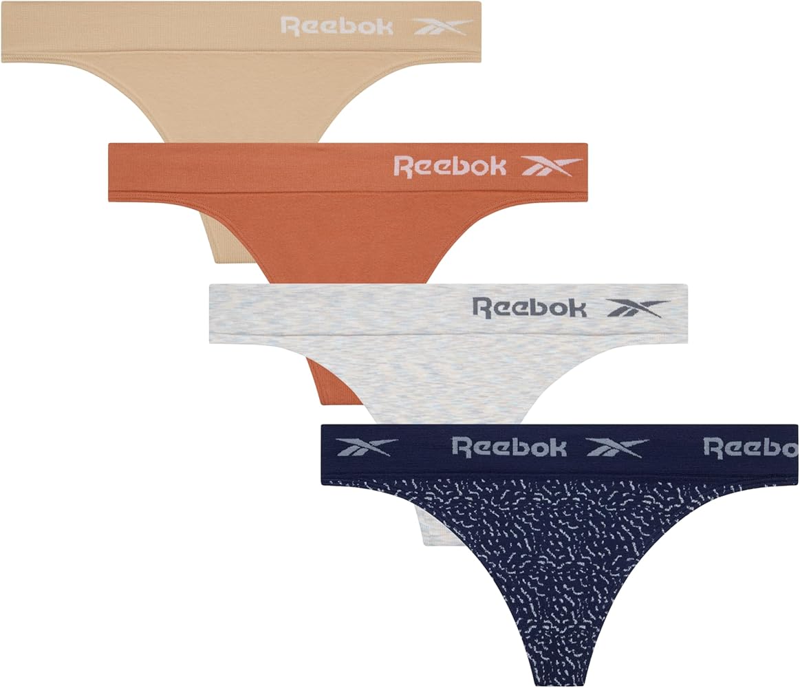 Reebok Women's Thongs - 4 Pack Performance Seamless Thongs for Women Sexy Panties - Breathable Underwear for Women (S-XL)