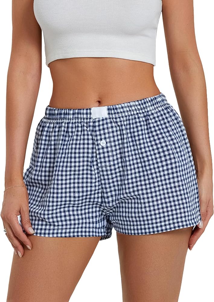 Y2k Plaid Shorts for Women Casual Elastic Waist Aesthetic Lounge Bottom Baggy Pajama Shorts Boxers Sleepwear