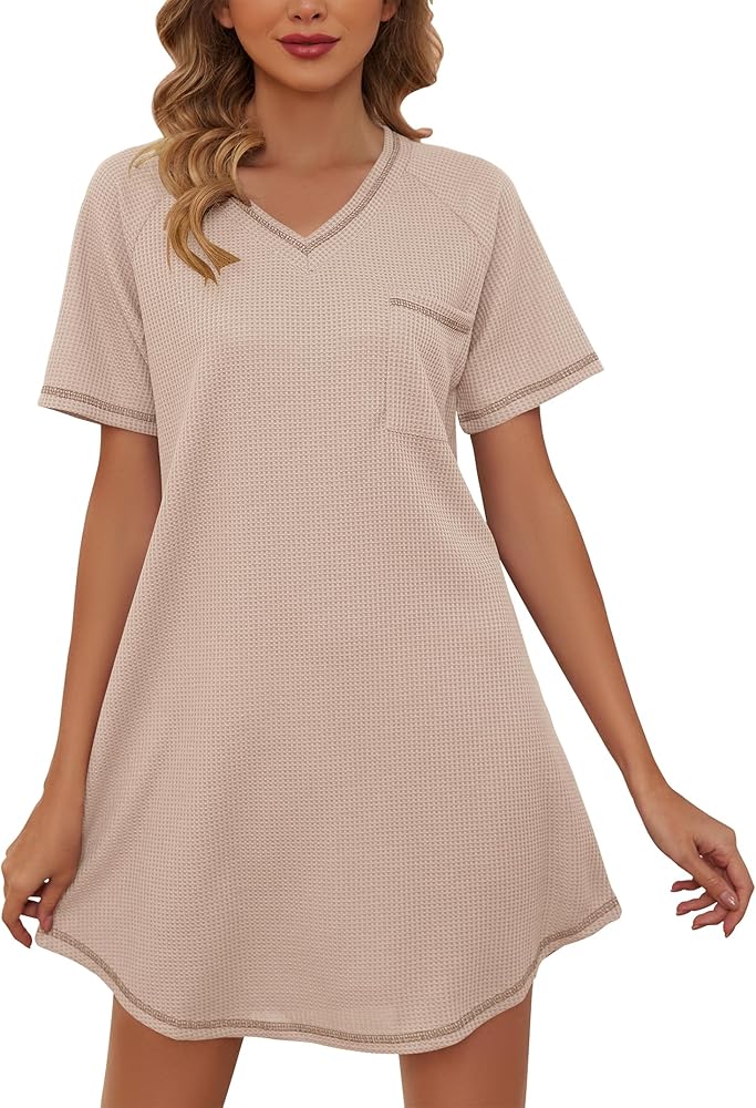 Nightgowns for Women Waffle Knit Short Sleeve Sleep Shirts Nightgown Comfy Soft Night Shirts Women Pajama Dress