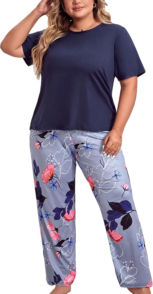 WDIRARA Women's Plus Size Short Sleeve Top And Pants Cute Pajama Lounge Set With Eyemask